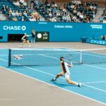 Tennis Players rallying during a singles tennis match